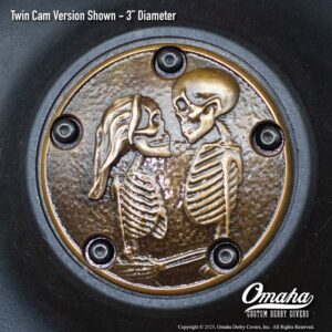 Custom bronze timing cover with Love Never Dies sculpture for Harley-Davidson motorcycles with Twin Cam motor