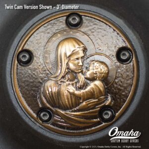 Custom bronze timing cover with Holy Mary and Baby Jesus sculpture for Harley-Davidson motorcycles with Twin Cam motor