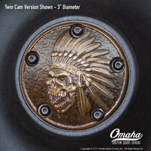 Custom bronze Indian Head timing cover for Harley-Davidson motorcycle with Twin Cam motor