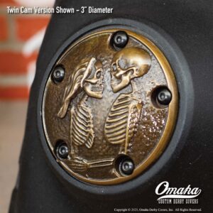 Custom bronze timing cover with Love Never Dies sculpture for Harley-Davidson motorcycles with Twin Cam motor