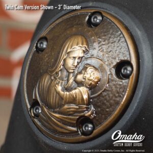 Custom bronze timing cover with Holy Mary and Baby Jesus sculpture for Harley-Davidson motorcycles with Twin Cam motor