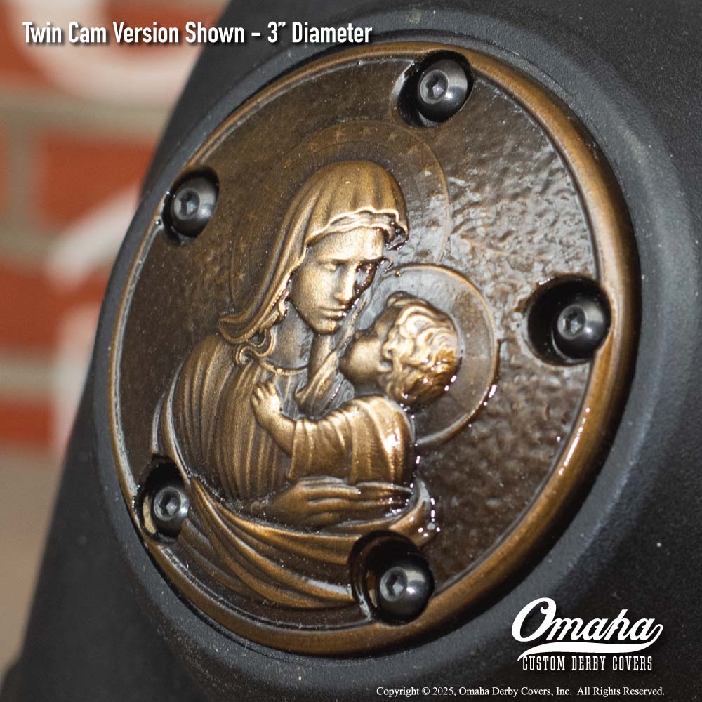 Custom bronze timing cover with Holy Mary and Baby Jesus sculpture for Harley-Davidson motorcycles with Twin Cam motor
