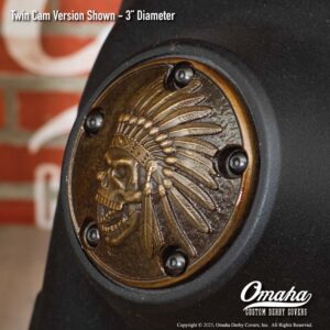 Custom bronze Indian Head timing cover for Harley-Davidson motorcycle with Twin Cam motor