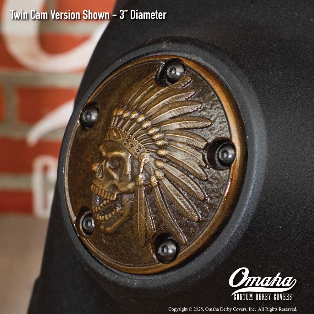 Custom bronze Indian Head timing cover for Harley-Davidson motorcycle with Twin Cam motor