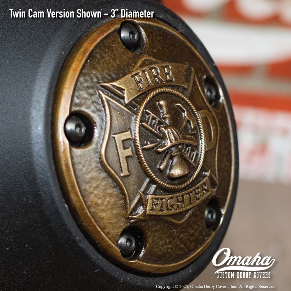Custom bronze fire fighter / St Florian Cross timing cover for Harley-Davidson motorcycle with Twin Cam motor