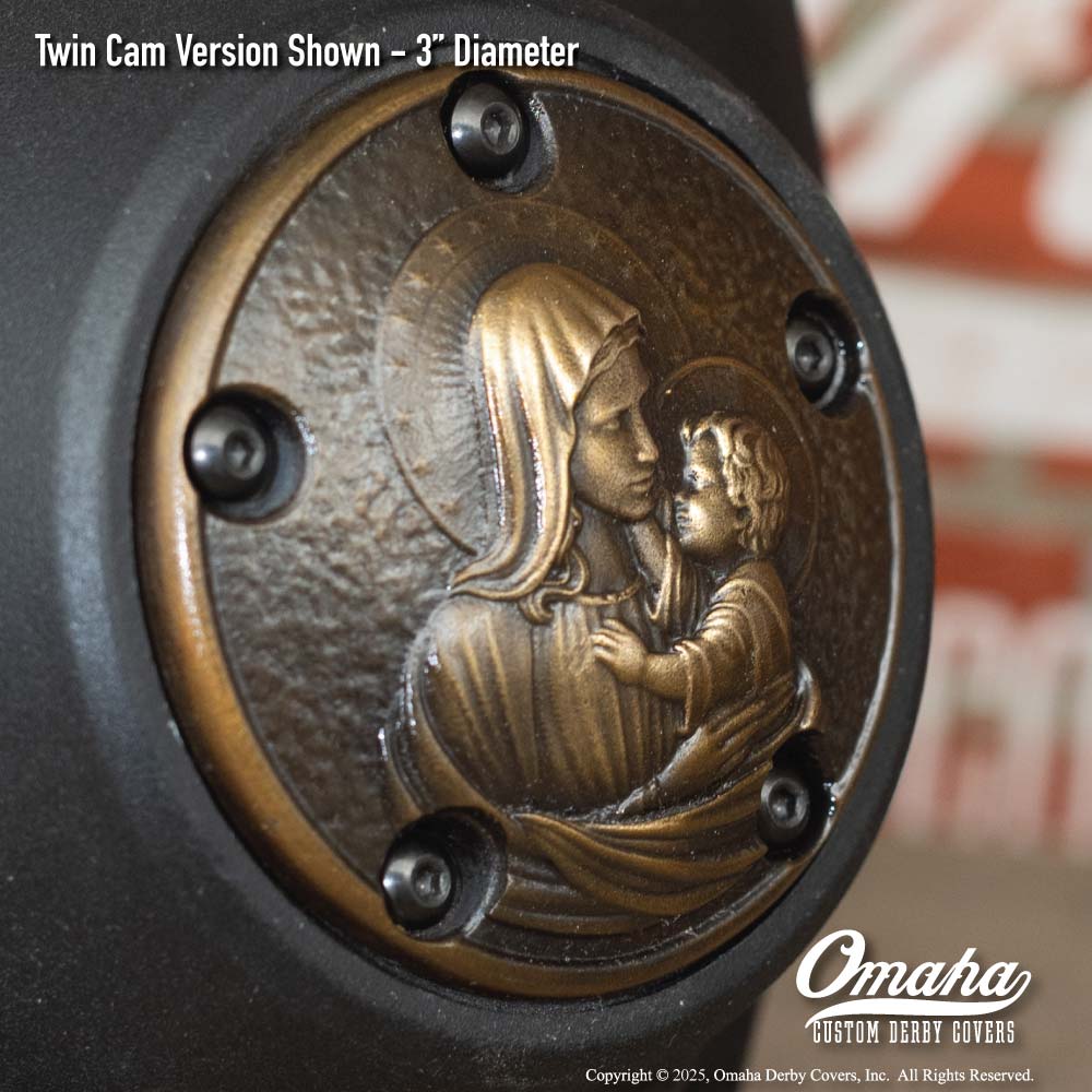 Custom bronze timing cover with Holy Mary and Baby Jesus sculpture for Harley-Davidson motorcycles with Twin Cam motor