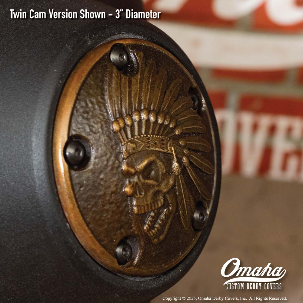 Custom bronze Indian Head timing cover for Harley-Davidson motorcycle with Twin Cam motor