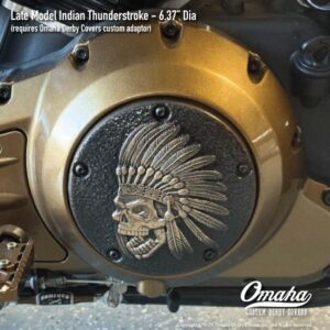 Indian head custom derby cover installed on Indian Thunderstroke motorcycle