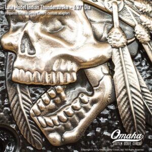 Custom derby cover for Harley-Davidson and Indian Motorcycles with indian head design