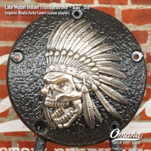 Custom derby cover for Harley-Davidson and Indian Motorcycles with indian head design