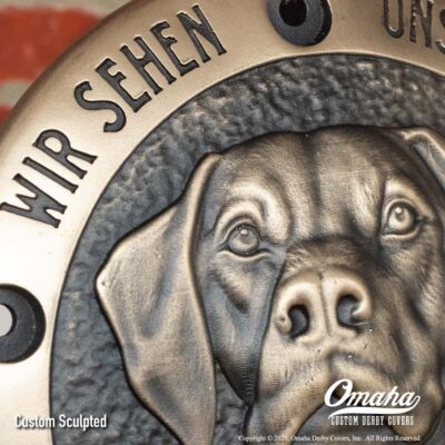 Custom sculpted derby cover for Harley-Davidson motorcycle with pet dog design
