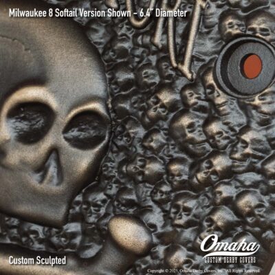 Custom sculpted bronze memento mori derby cover for Harley-Davidson motorcycle