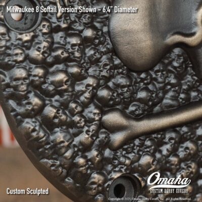 Custom sculpted bronze memento mori derby cover for Harley-Davidson motorcycle