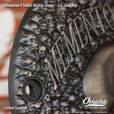 Custom sculpted bronze memento mori derby cover for Harley-Davidson motorcycle