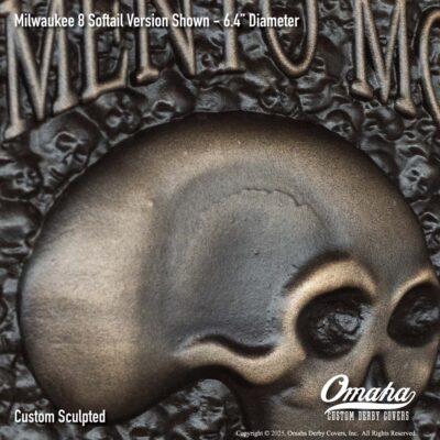 Custom sculpted bronze memento mori derby cover for Harley-Davidson motorcycle