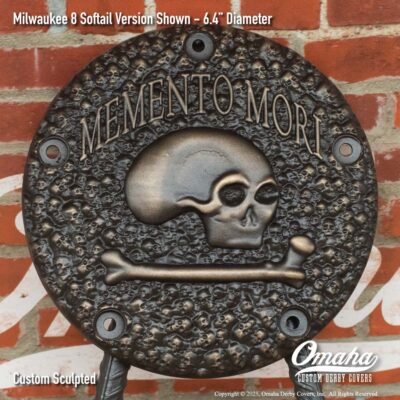 Custom sculpted bronze memento mori derby cover for Harley-Davidson motorcycle