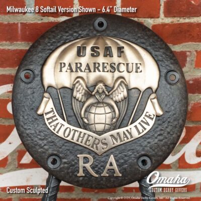 Custom sculpted bronze USAF Pararescue derby cover for Harley-Davidson motorcycle