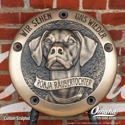 Custom sculpted derby cover for Harley-Davidson motorcycle with pet dog design