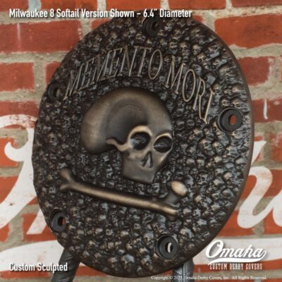 Custom sculpted bronze memento mori derby cover for Harley-Davidson motorcycle