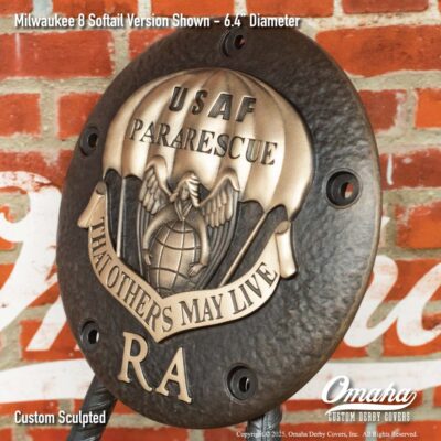 Custom sculpted bronze USAF Pararescue derby cover for Harley-Davidson motorcycle