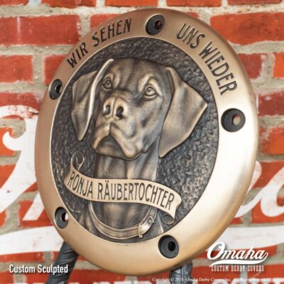 Custom sculpted derby cover for Harley-Davidson motorcycle with pet dog design