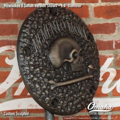 Custom sculpted bronze memento mori derby cover for Harley-Davidson motorcycle