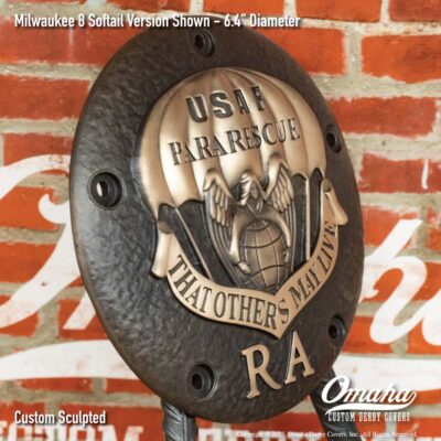 Custom sculpted bronze USAF Pararescue derby cover for Harley-Davidson motorcycle