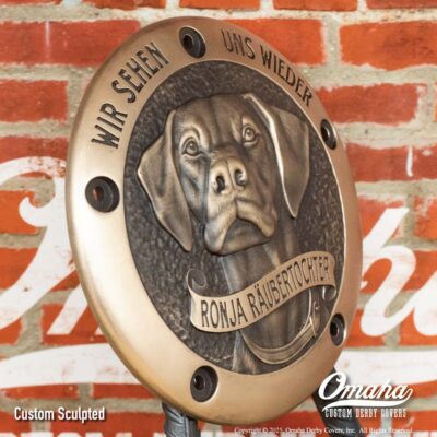 Custom sculpted derby cover for Harley-Davidson motorcycle with pet dog design