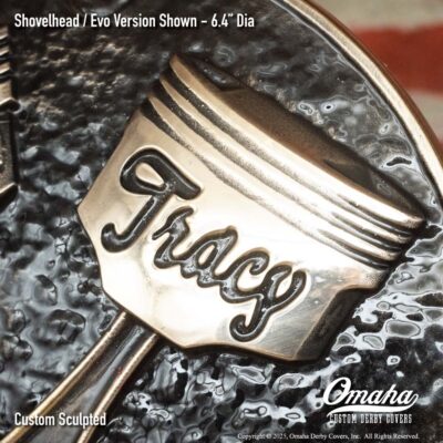 Custom derby cover for Harley-Davidson with crossed pistons design