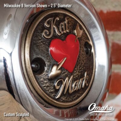 Custom timing cover for Harley-Davidson with arrow through heart design